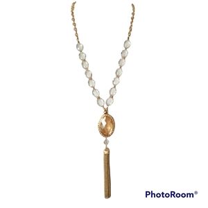 Topaz medallion Gold Tassel Clear beaded necklace NEW NWT Vendome Adjustable
